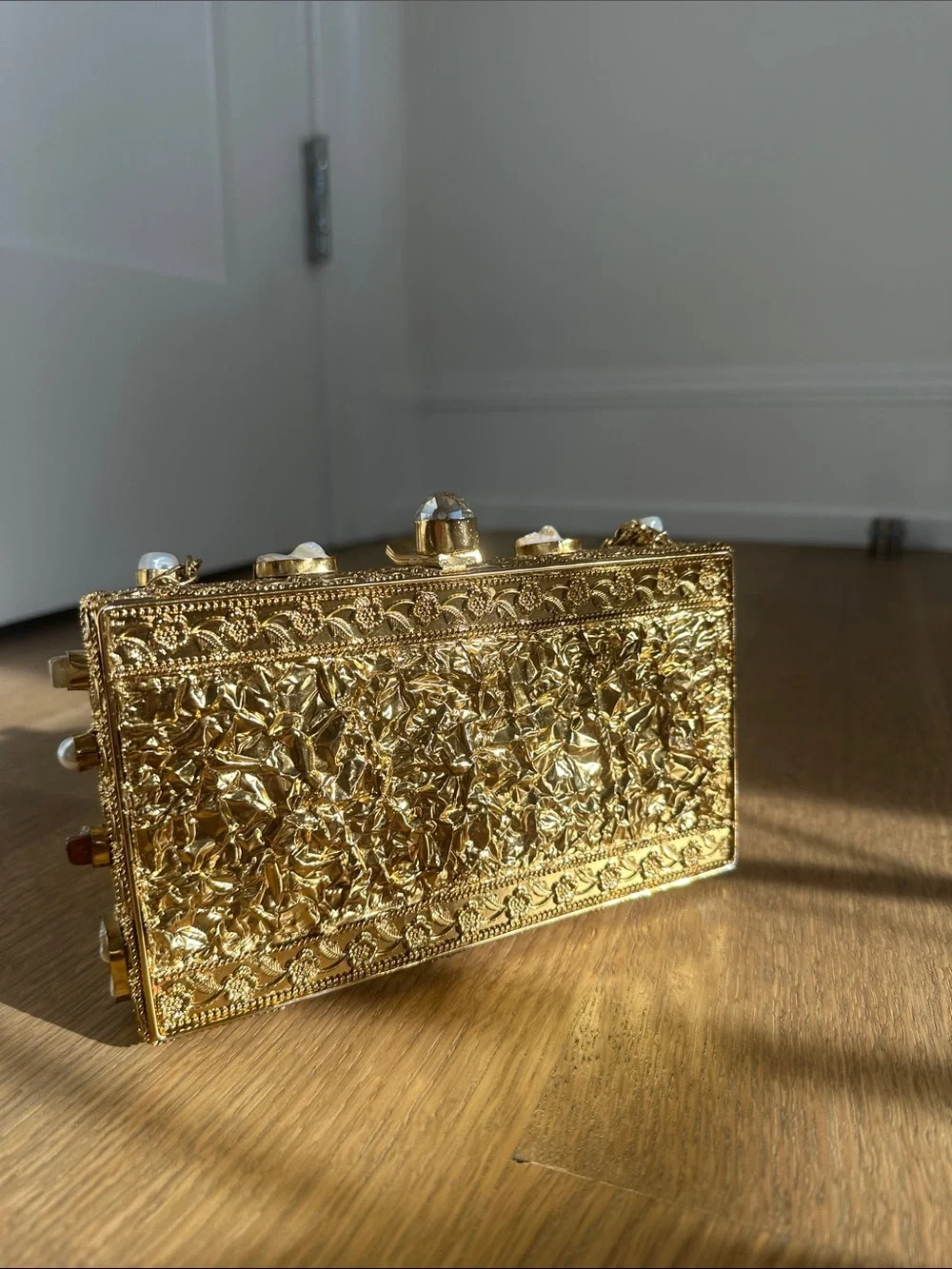 Iridescent Shell Box Clutch with Chain Strap